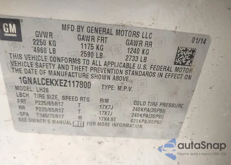 2014 Chevrolet Equinox 2Lt из США, поврежденный, VIN 1GNALCEKXEZ117800